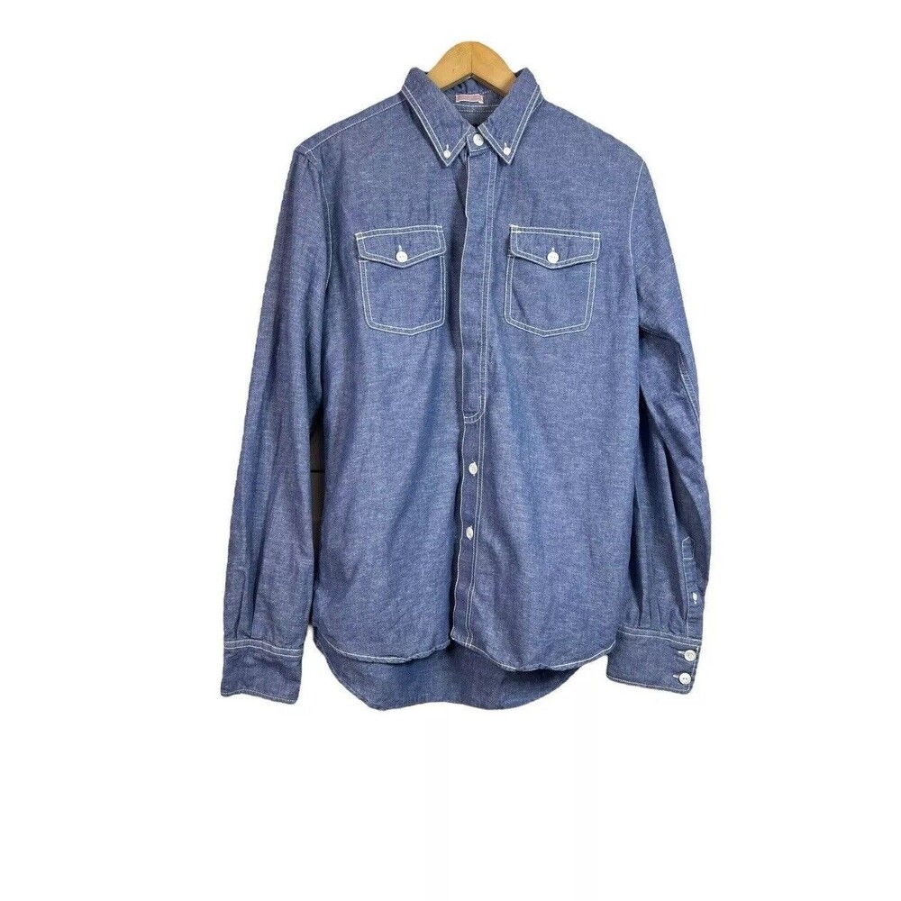 Burkman Bros Denim Chambray Long Sleeve Button Down Shirt Size M Linen Blend